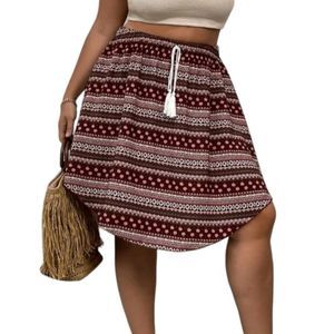 Geo & Ditsy Floral Print Tassel Tie Waist Curved Hem Skirt 3XL